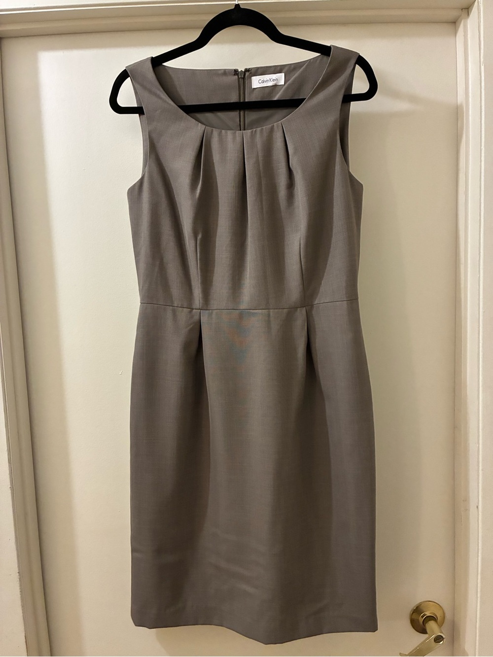 Calvin Klein Gray Taupe Pleated Sheath Midi Dress